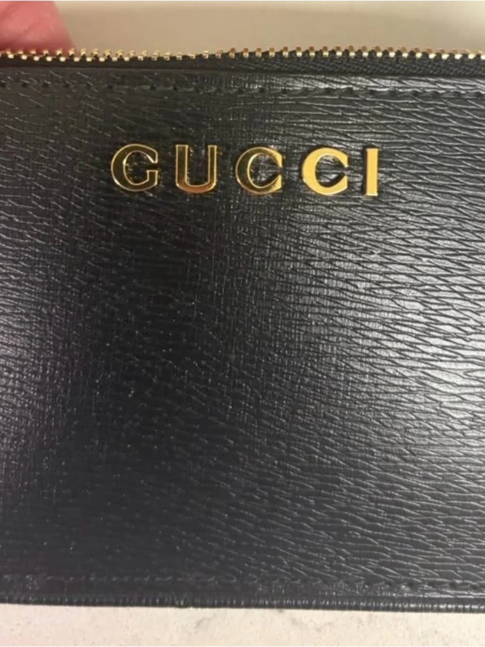 Gucci Black Saffiano Leather Zip Card Case Key Pouch with Gold Chain